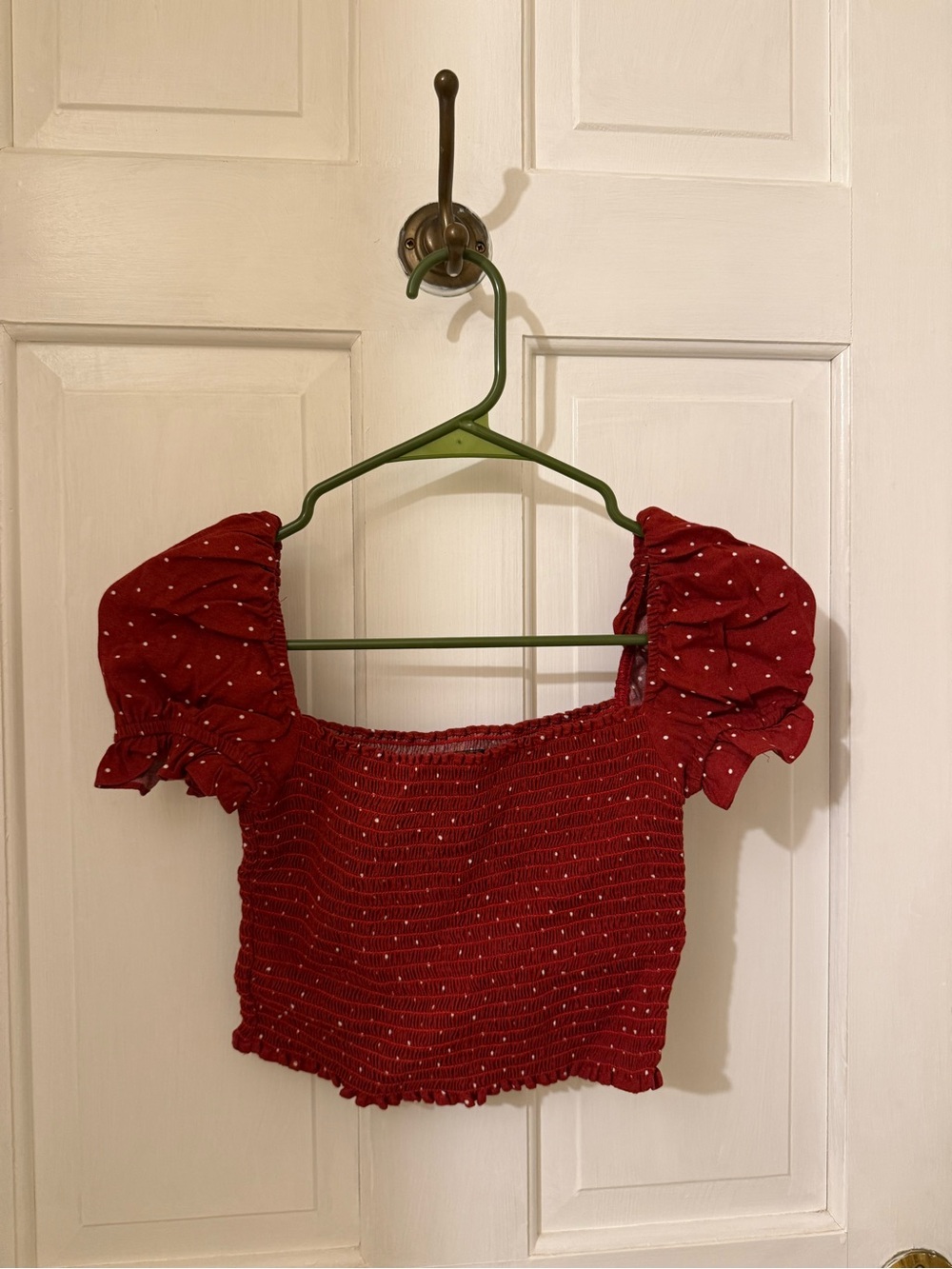 Reformation Red Smocked Puff-Sleeve Crop Top